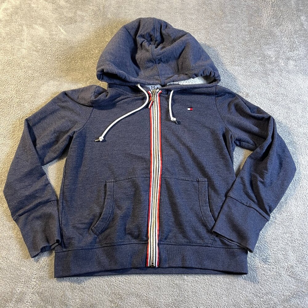 Tommy Hilfiger Faux-Fur Cozy Hooded Sweatshirt Blue L Full Zip Comfort Outdoorsy